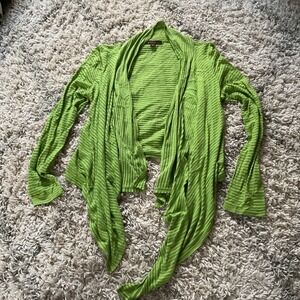 Fever Lime Green Open Front Waterfall Cardigan Striped Lightweight Knit Womens M